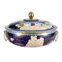 Panci Enamel Tembaga Cloisonne Kompatibel Induksi, Desain Cina Berwarna, dengan Tutup, Tanpa Lapisan, Tanpa Gagang, Dasar Datar