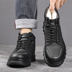 Bottes d'hiver pour hommes en cuir véritable, hauteur cheville, bout rond, doublure en fourrure, semelle extérieure antidérapante en caoutchouc, semelle intermédiaire en EVA, chaudes pour l'extérieur - Product Image 3