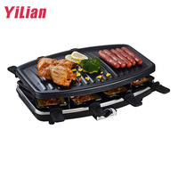 Grill de table électrique 8 personnes en acier inoxydable noir, surface antiadhésive, style barbecue coréen, sécurité flamme facile à assurer