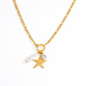 Collier pendentif double couche en acier titane couleur or 18 carats avec coquille de pierre naturelle, colliers de mode en acier inoxydable - Product Image 5