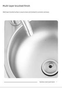 Évier rond en acier inoxydable à encastrer, finition brossée, lavabo de salle de bain à trou unique, design minimaliste, facile à nettoyer, avec drain - Product Image 1