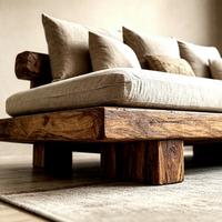 Canapé-lit en bois massif Wabi Sabi, canapé en tissu sans accoudoirs, canapé droit 3 places, mobilier sur mesure de style mid-century pour maison d'hôtes, salon