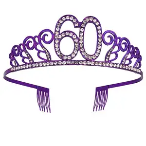 Nueva corona de aleación de diamantes de imitación púrpura 16th 18th 30th 40th 50th 60th 70th 80th tiara para niña mujer decoración de fiesta de Cumpleaños feliz