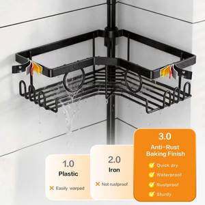 Estante de Ducha de Esquina de Hierro Negro de 3 Niveles, Organizador de Baño Montado en la Pared, Estante de Almacenamiento de Altura Ajustable - Product Image 3