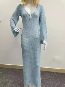 Vestido maxi de praia sexy de verão 2014 para mulheres com gola V manga comprida sem costas