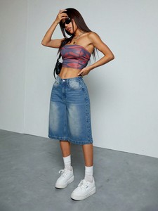 Shorts en <span class=keywords><strong>jean</strong></span> délavé bleu rétro pour <span class=keywords><strong>femme</strong></span>, coupe droite, style américain, décontracté et polyvalent, pantalon large, longueur cinq minutes. - Product Image 5