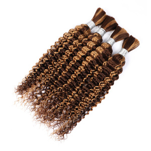 P4/27 Mèches de cheveux humains ondulés profonds avec mèches mèches miel, tissages de cheveux bouclés brun miel, lots de 3 mèches, extensions de cheveux vierges pour queues de cheval - Product Image 5