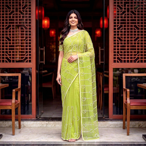 Sari ethnique vert en filet pour femme Pryosha Enterprise, broderie de perles, pour fêtes/mariages, avec chemisier, longueur standard - Product Image 1