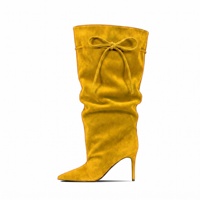 Bottes hautes souples pour femmes à mollet large en faux daim, à talon haut et bout pointu, avec cordon de serrage, à enfiler, styles de créateur pour l'hiver
