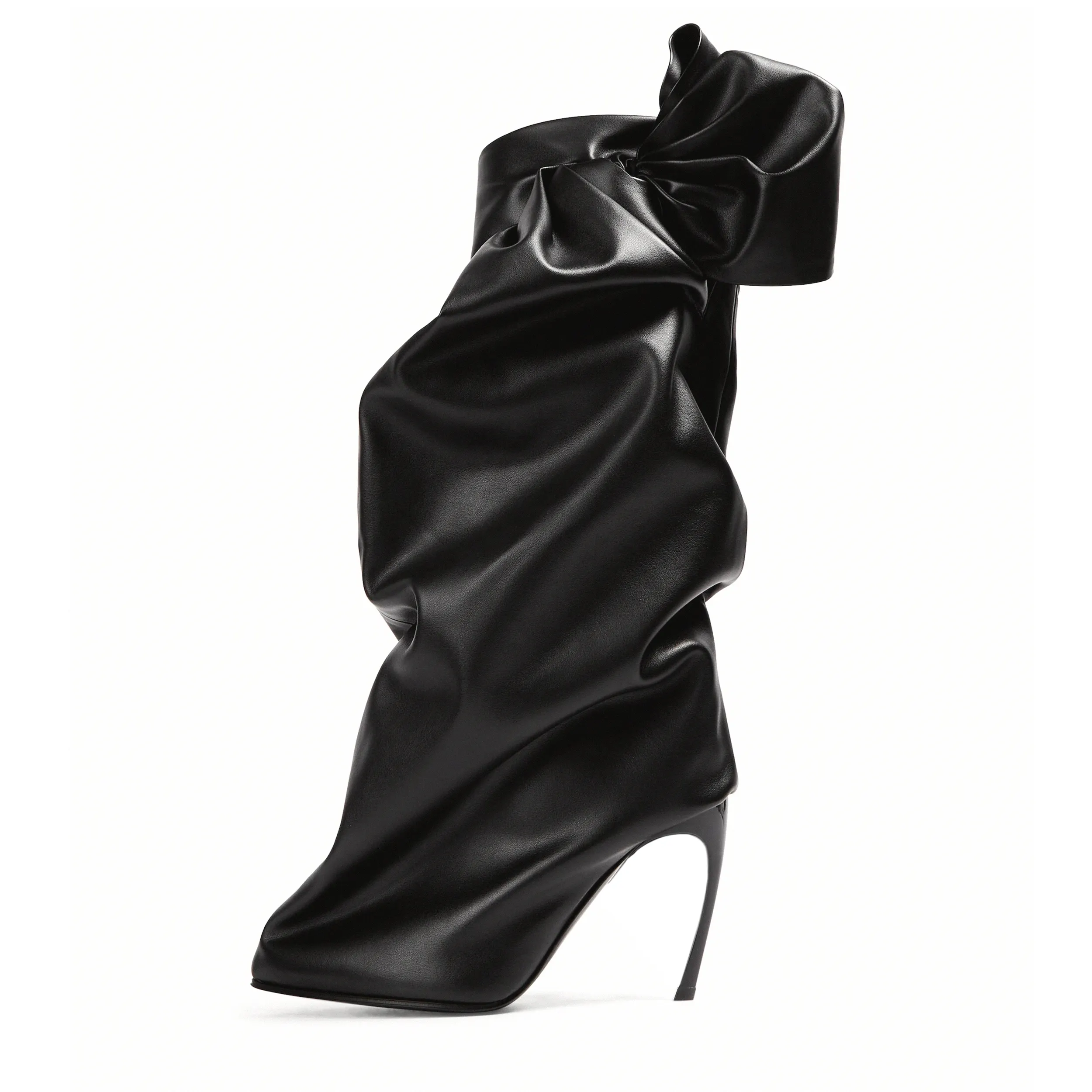أحذية نسائية فاخرة بكعب عالٍ من الجلد الأسود ملفوفة بإصبع مدبب أحذية بكعب عالٍ غريبة للنساء