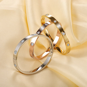 Stainless Steel Minimalist <b>Bangle</b> with Zircon Accents 18K Gold PVD Plated <b>for</b> <b>Men</b> & Women | Durable Waterproof & Hypoallergenic - Product Image 3