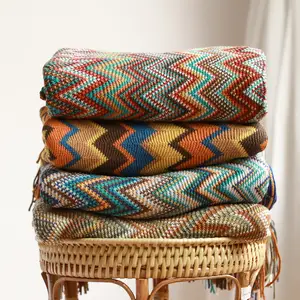 Boho Knit Throw Blankets Chenille Jacquard Soft Blanket Couch Cozy Tassels Geometric Pattern Blanket