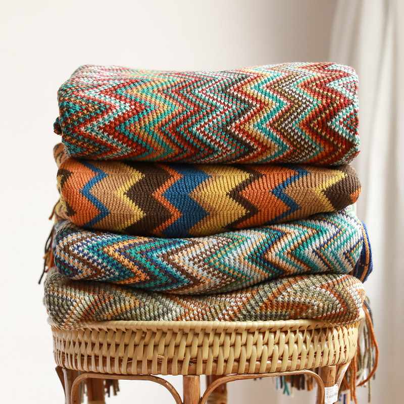 Boho Knit Throw Blankets Chenille Jacquard