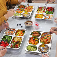 Nouveau plateau alimentaire rectangulaire en acier inoxydable 304, plateau à déjeuner à 5 compartiments, adapté aux restaurants en libre-service, aux cantines, aux écoles