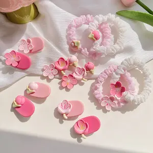 Kawaii Pink Tulip bunga jepit rambut bayi anak-anak Floral Bud karet tali dasi klip wanita gadis elastis bunga Sakura aksesoris rambut