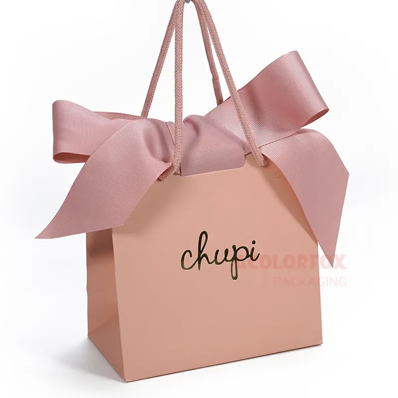 Luxury Jewelry Shopping Paper Bag Custom Print Logo Gold Foiled Mini Cute Pink Paper Gift Bags With Handles Ribbon Closure