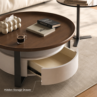 Table basse ronde moderne à double plateau avec plateau en verre et structure en bois, facile à nettoyer et à ranger, idéale pour salon et appartement