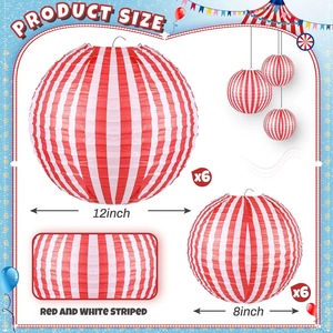 Decoración de Faroles de Papel a Rayas Rojas y Blancas de Carnaval, Tema de Circo, Decoración de Faroles de Papel Colgantes para Fiestas de Cumpleaños Infantiles - Product Image 4