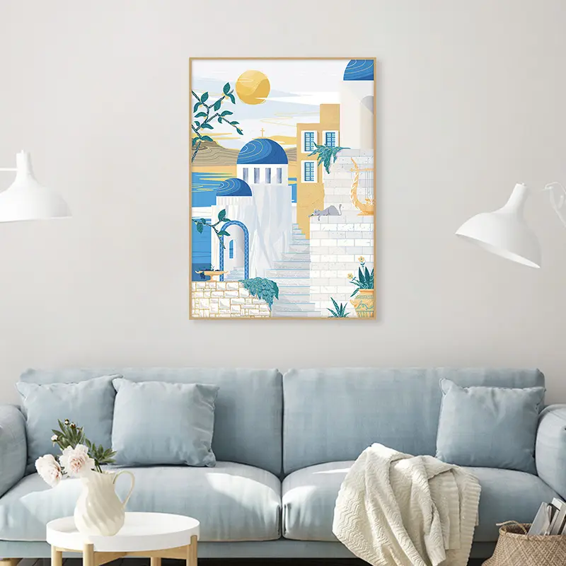 Cartaz de cidade pequena mediterrânea verão estilo grego arte em tela bela pintura para decoração de casa