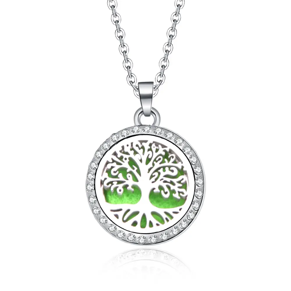 Collana con diffusore di olio essenziale per aromaterapia con albero della vita con strass collana con ciondolo a medaglione in acciaio inossidabile per gioielli da donna