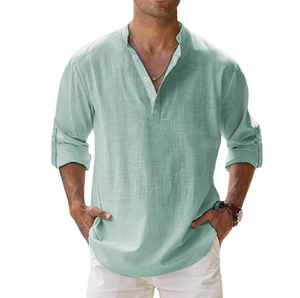 เสื้อเชิ้ตผ้าป๊อปลินสีพื้นขายส่งสำหรับผู้ชาย ทรงหลวม ผ้าฝ้ายลินิน แขนยาว คอตั้ง สไตล์ยุโรป สำหรับฤดูใบไม้ผลิ ไซส์ 5XL - Product Image 3
