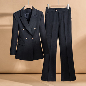 Women's Suit Set Black Double Breasted Blazer With Flared Pants Polyester Wool Blend Elegant Formal Business Autumn Wear - Product Image 1