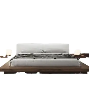 Modern Hoogwaardig Natuurlijk Massief Hout Laag Profiel Queen Size Bedframe Met Nachtkastjes