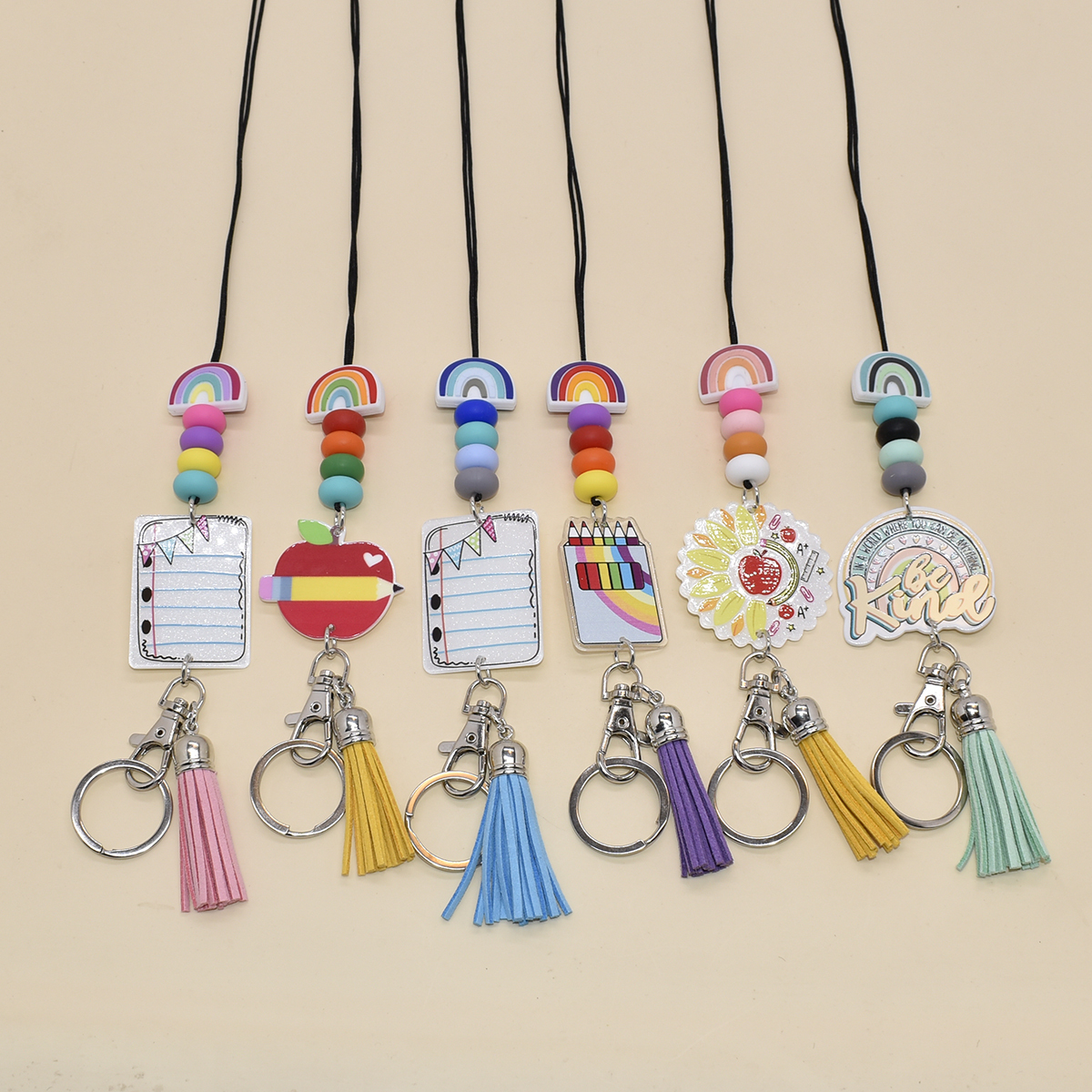 Custom Acrylic Lanyard Pencil Acrylic Silicone Beads Letter Tassel Lanyard with Work Card Simple Fashion Wholesale Image 4