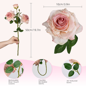 Roses artificielles en soie faites à <span class=keywords><strong>la</strong></span> main, 3 têtes, effet brûlé, couleur rose poussiéreuse, pour Pâques, Noël, mariage, fête - Product Image 4