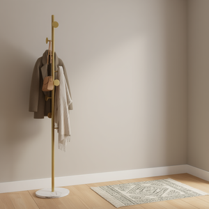 Porte-manteau sur pied avec crochets ronds en laiton doré et base en marbre pour entrée - Product Image 2