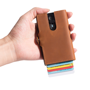 Crazy Horse Full Grain Genuine Leather Pop Out Auto-eject Mini <b>Wallet</b> RFID Slim Gents Popup Smart Card <b>Holder</b> With Cash Strap - Product Image 2