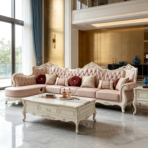 Divano Sezionale in Legno Massello Intagliato Stile Europeo di Lusso, Divano a L in Pelle per Soggiorno di Villa, Hall di Hotel, Arredamento <span class=keywords><strong>Casa</strong></span> - Product Image 3