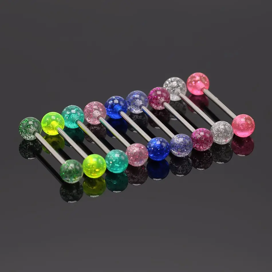 Bijoux de perçage de mamelon en acier inoxydable, 36 pièces, 14G, 16mm, brillant dans le noir, Flexible, acrylique, langue droite, haltère, bijoux pour femmes et hommes