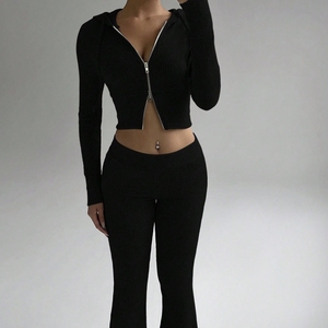 Nuovo Completo Due Pezzi da Donna per Autunno <span class=keywords><strong>e</strong></span> Inverno, Felpa Corta con Zip <span class=keywords><strong>e</strong></span> Cappuccio, Maniche Lunghe, Stile Casual - Product Image 5