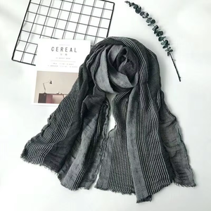Unisex New Fashion Winter Soft Scarf Cotton Linen Solid Color Long Women's Stripe Crinkle Large Shawl Ethnic <b>Bandana</b> - Product Image 2