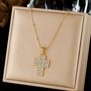 <b>Cross</b> Necklace Gold Plated Stainless Steel Diamond Encrusted <b>Cross</b> Pendant Clavicle <b>Chain</b> Women's Jewelry Gift Daily Wear - Product Image 1