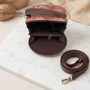 Mauve Round Crossbody Sling Bag Jacquard Circle Purse Adjustable Vegan Leather Strap <b>Boho</b> Bag - Product Image 1