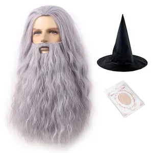 Peluca con temática de bigote para hombres, postizo de fiesta, abuelo, gris, largo, Yaki, mullida, Dumbledore, abuelo, personalizado