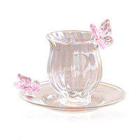 Groothandel Schattige Roze Vlinder Decoratie Glazen Kop en Schotel Set Creatieve Koffie Thee Kop Voor Cadeau Bruiloft Servies