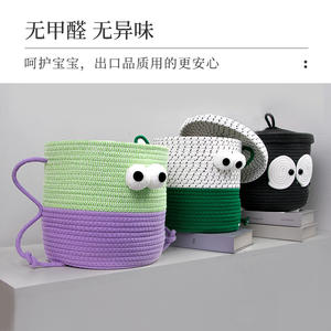 ตะกร้าเก็บของทรงกลมทำมือจากผ้าฝ้ายลายการ์ตูนน่ารัก สีเขียวขาว มีฝาปิดพร้อมลายตา - Product Image 4