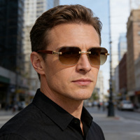 Lunettes sans monture pour hommes, style rétro européen et américain haut de gamme, branches imitation bois, protection UV400, lunettes de soleil personnalisées