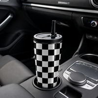 Bouteille d'eau isotherme en acier inoxydable, motif damier noir et blanc, avec paille rabattable et poignée, anti-fuite, vente en gros/sur mesure