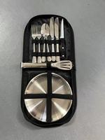 Assiettes à dîner en acier inoxydable pour camping, ensemble de couverts, fourchette et cuillère avec sac noir