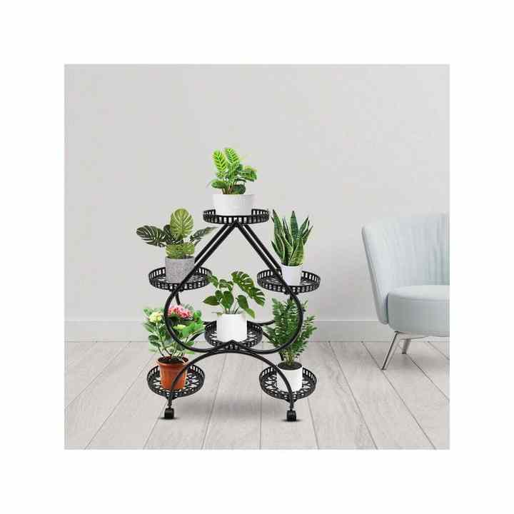 6-Potted Heart-Shaped 4-Tier Indoor Flower Pot Stand Black Metal Tall Rack Elegant Iron Design for Indoor Plants