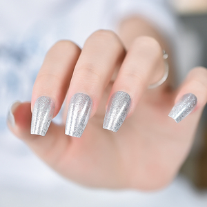 Faux <span class=keywords><strong>ongles</strong></span> à presser avec paillettes blanches, forme cercueil mi-longue, style luxueux, en acrylique, <span class=keywords><strong>pour</strong></span> manucure DIY, salon, <span class=keywords><strong>mariage</strong></span>, rendez-vous galant - Product Image 1