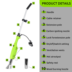 Vertak extérieur 2000W puissance 2 en 1 bâton de désherbage thermique torche désherbant barbecue démarreur jardin filaire électrique <span class=keywords><strong>herbe</strong></span> brûleur de mauvaises herbes - Product Image 2