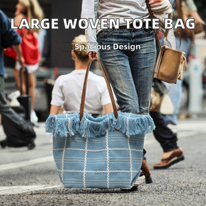 Bolso Tote de Ganchillo Azul para Mujer, Bolso de Playa Bohemio, Bolso Tote con Flecos Azules, Bolso Tote con Patrón a Cuadros, Bolso de Playa para Verano - Product Image 2