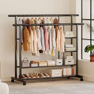 Perchero Metálico Multifuncional de Doble Barra con Estantes de Almacenamiento Gruesos para Dormitorio o Balcón, Estante Vertical de Piso - Product Image 2