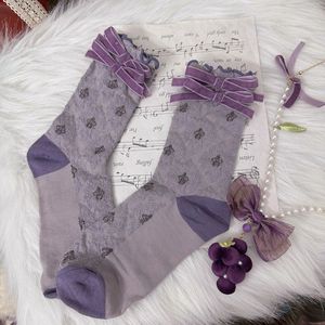 Lolita Style Mid-Calf <b>Socks</b> <b>Purple</b> Bow Design Breathable Women's <b>Socks</b> Youth Fashion - Product Image 1
