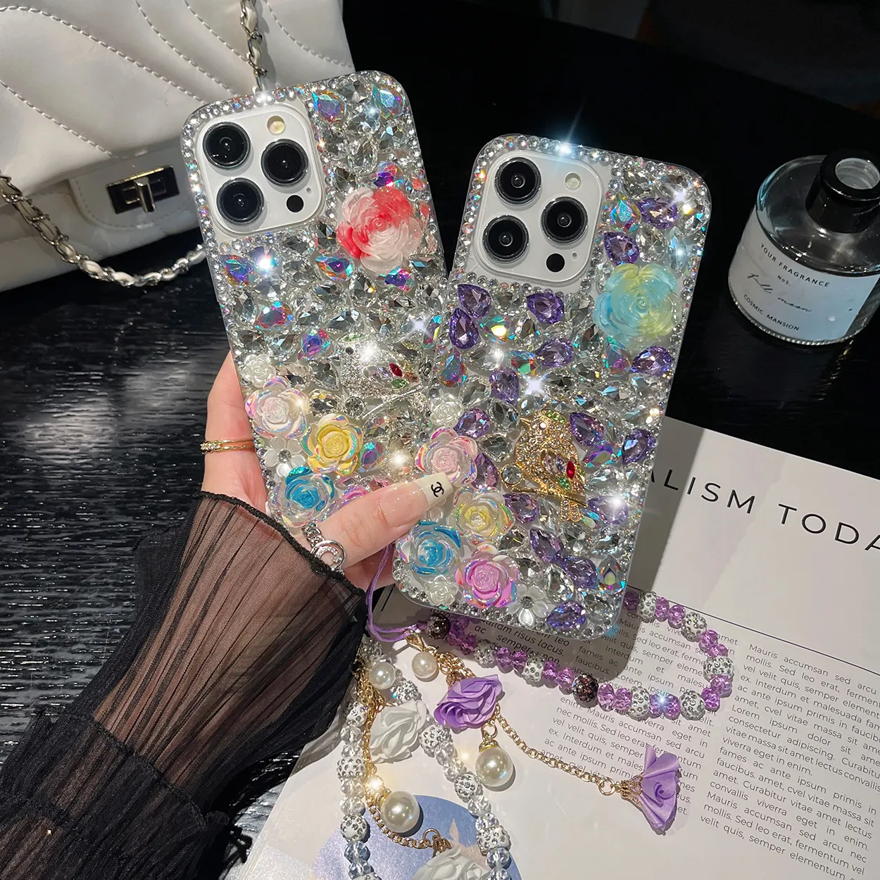 Bling Luxus Strass Handy hüllen für iPhone 15 14 13 12 11 pro max Xr Mit Perlen riemen Lanyard